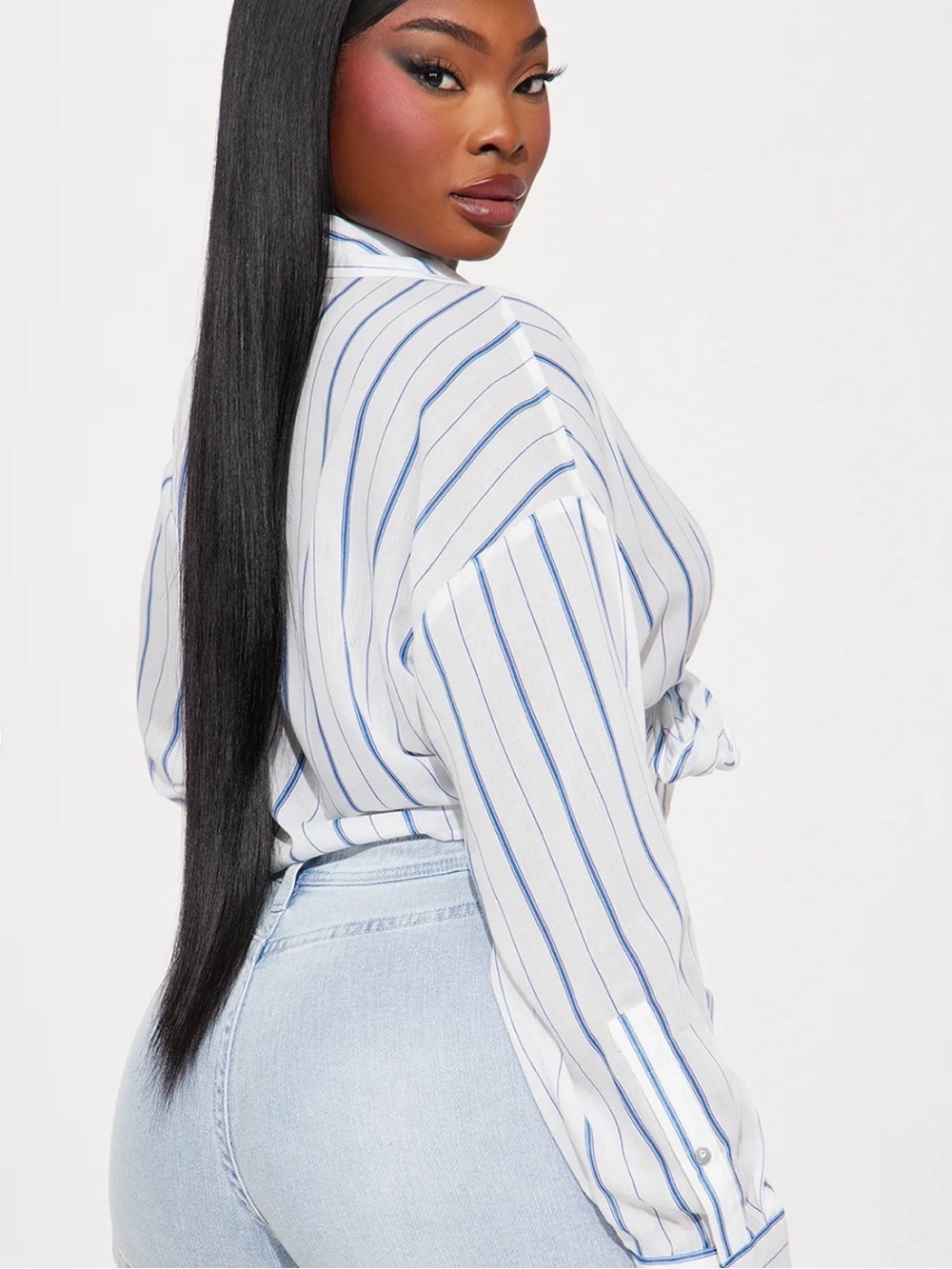 Fashion Nova Blue & White Striped Tie-Front Crop Shirt - Picture 3 of 6